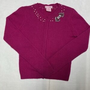 Vintage Women's Magenta Angora Cardigan Embellished W/ Pearls & Rhinestones M